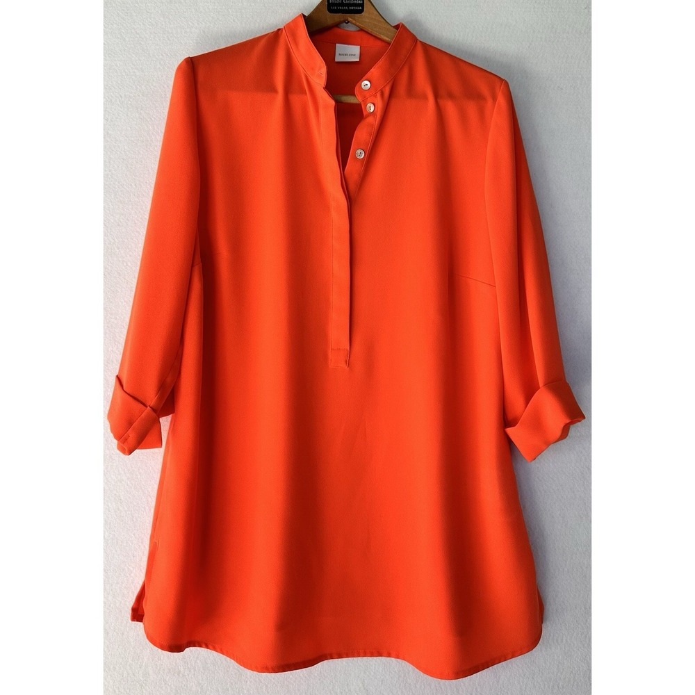 MADELEINE Orange Top Blouse Shirt Sz 14 V Neck 3/4 Cuffed Sleeve Office Colorful